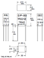 Outline Dimensions - Miniature Impedance Matching Transformers - Red Spec (SP-50)