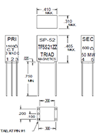 Outline Dimensions - Miniature Impedance Matching Transformers - Red Spec (SP-52)